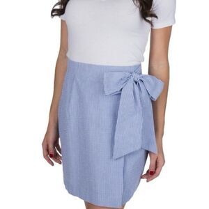 Lauren James Striped Seersucker Faux‎ Wrap Skirt Blue White Medium